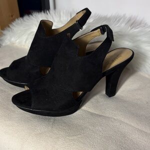 Black Suede Open-Toe Slingback Heels